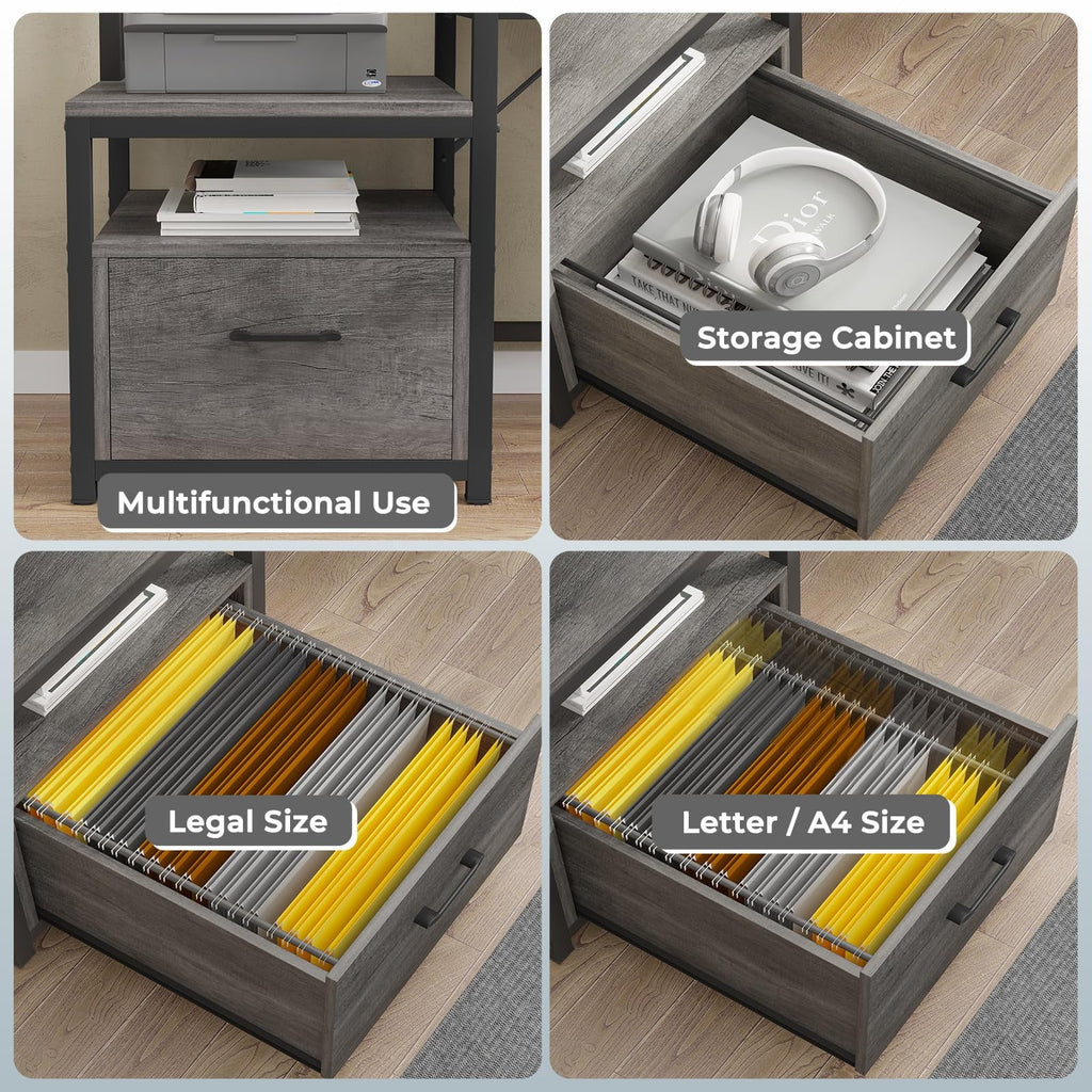 L Shaped Desk with Power Outlet and LED Lights, Corner Computer Desk with File Drawer for Home Office, Gaming Desk, Rustic Brown