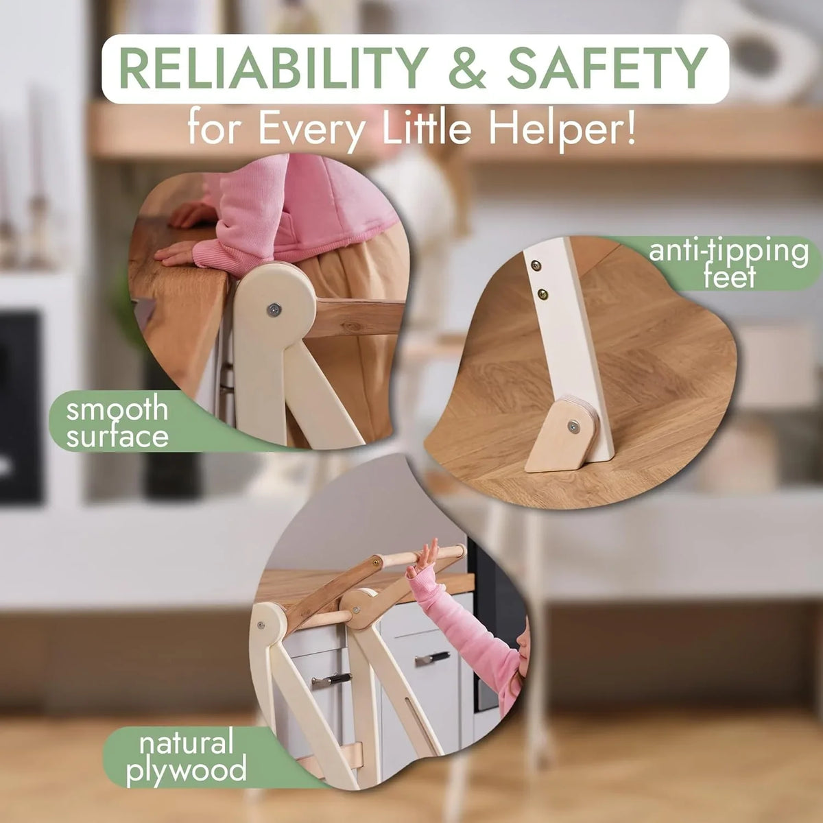 Folding Wooden Kitchen Standing Stool for Toddlers �C Safe & Compact Learning Step Stool, Ages 18 Months+