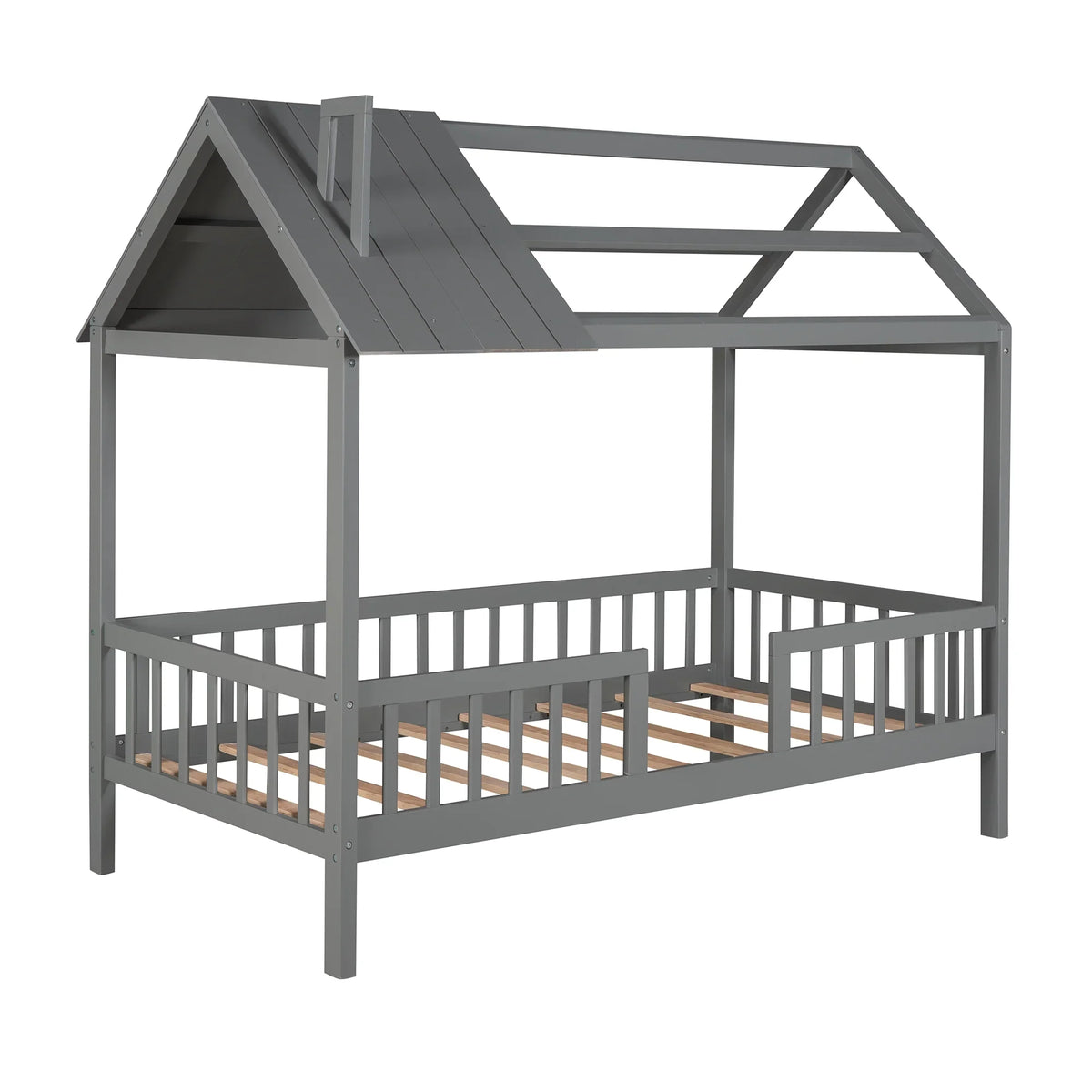 Euroco Twin Size Platform Bed, House Bed with Fence for Kids, Gray