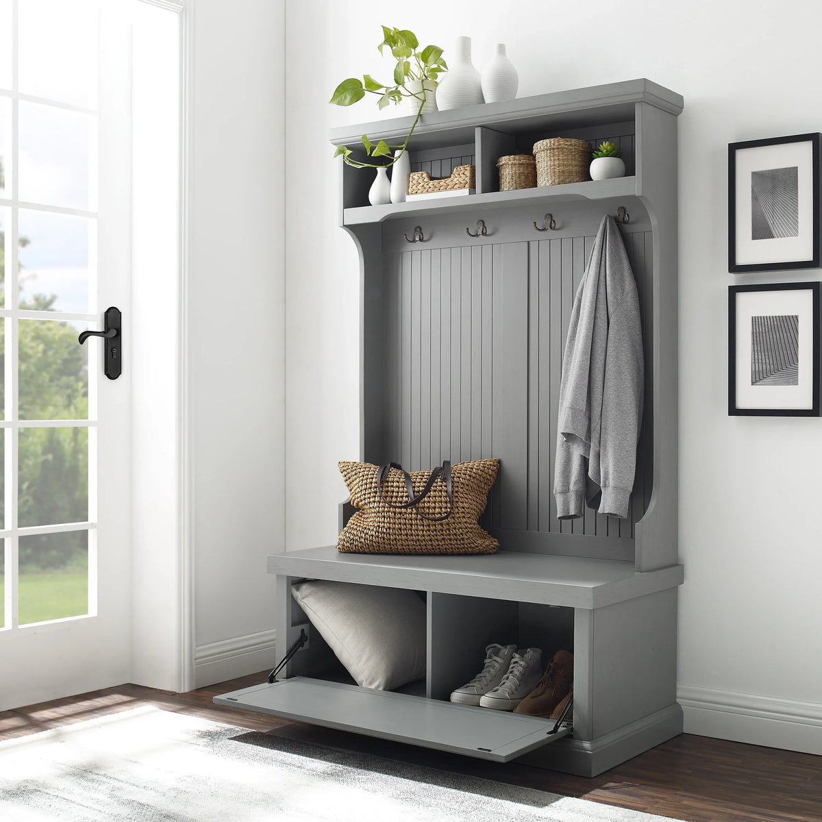 Crosley Furniture Seaside Coastal Wood Hall Tree in Distressed Gray and Chrome