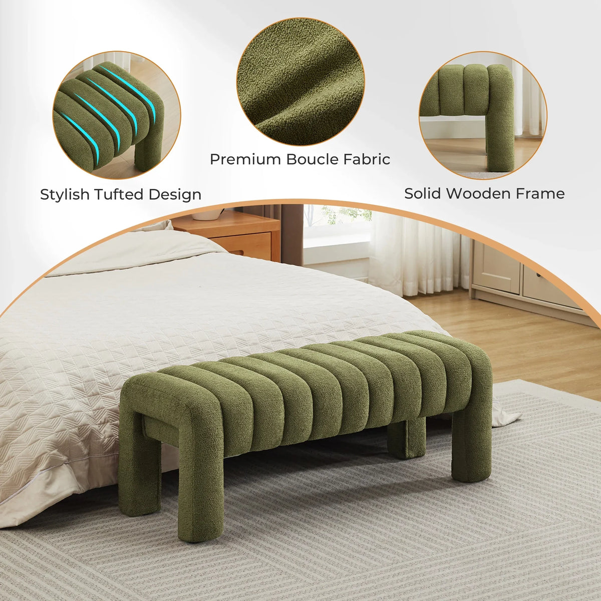 Zesthouse 63" End of Bed Bench, Linen Tufted Upholstered Ottoman Bench with Padded Seat and Solid Wood Leg, Modern Entryway Bench for Bedroom, Living Room, Beige