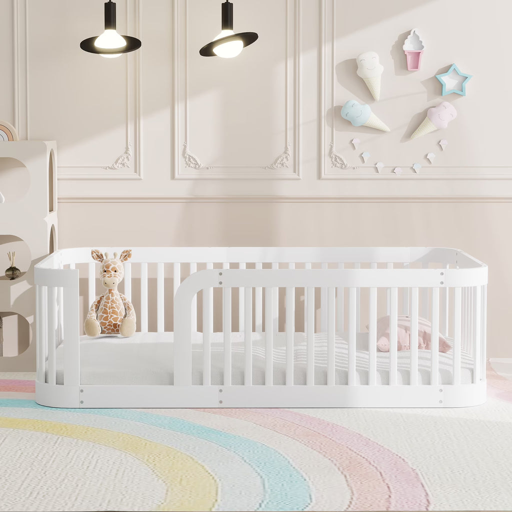 Euroco Twin Size Floor Bed with Fence for Kids Teens and Toddlers, White