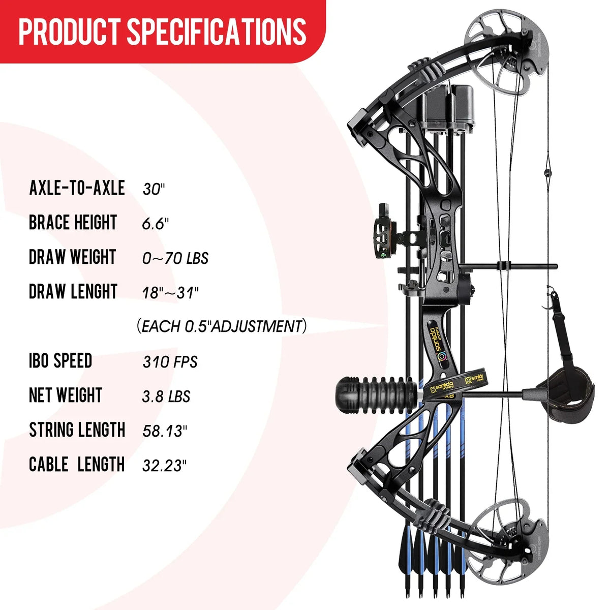 Sanlida DragonX8 RTH Compound Bow Package, Black, Adjustable 18"-31" Draw Length, 0-70lbs Draw Weight, 310 FPS