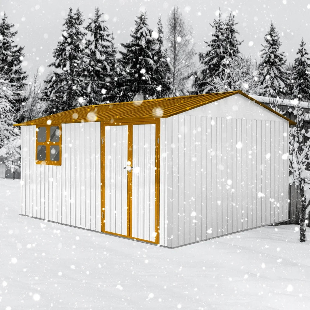 10x12 FT Outdoor Storage Shed, Metal Garden Tool Shed with Vents, Window and Bulit-in Hooks, Waterproof Organization for Home/Backyard/Garden Tools/Lawn Storage, Yellow+White