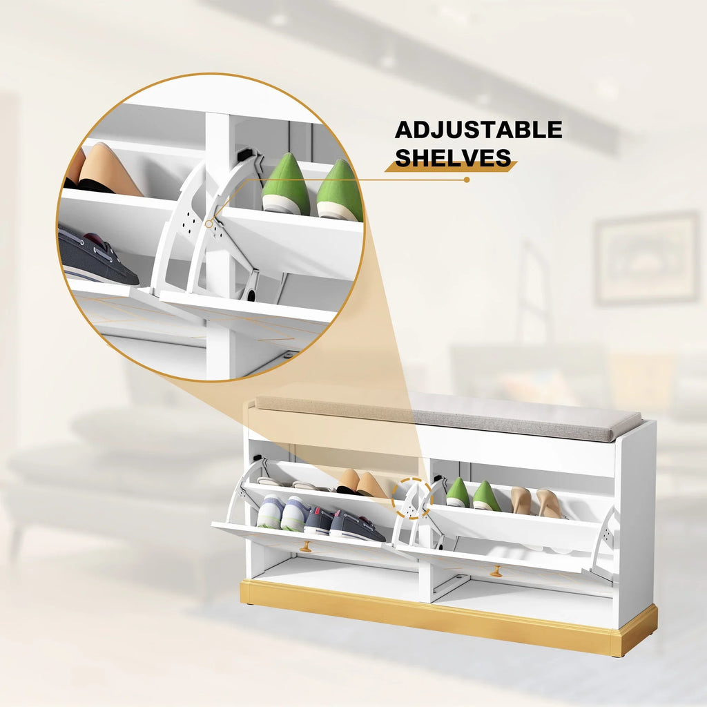 HLR White Shoe Cabinet, Shoe Cabinet with 2 Drawers Shoe Storage, Entryway Bench with Padded Seat