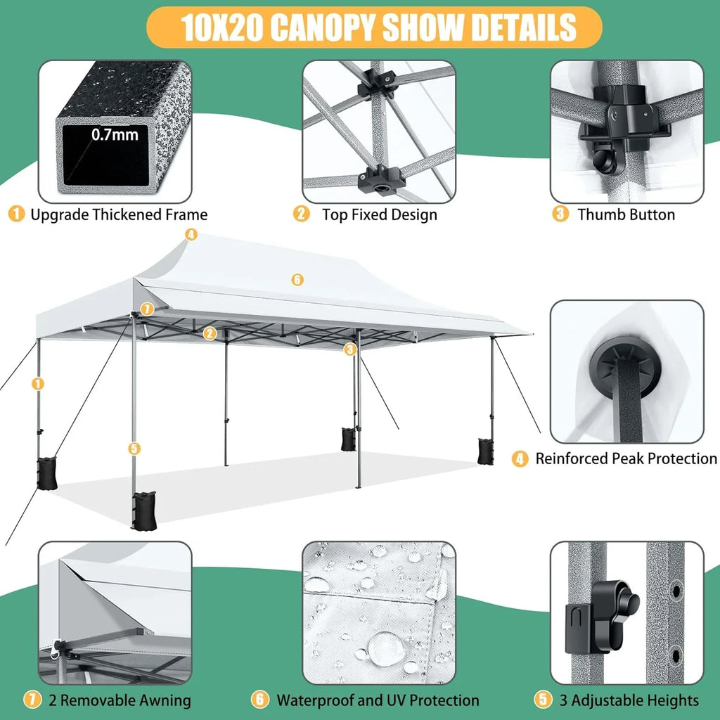 SANOPY 10x20 FT Pop Up Canopy Tent with Awning,Heavy Duty Canopy UPF 50+ All Season Wind Waterproof Commercial Outdoor Street Vendors Party Tents for Parties Canopy with Roller Bag