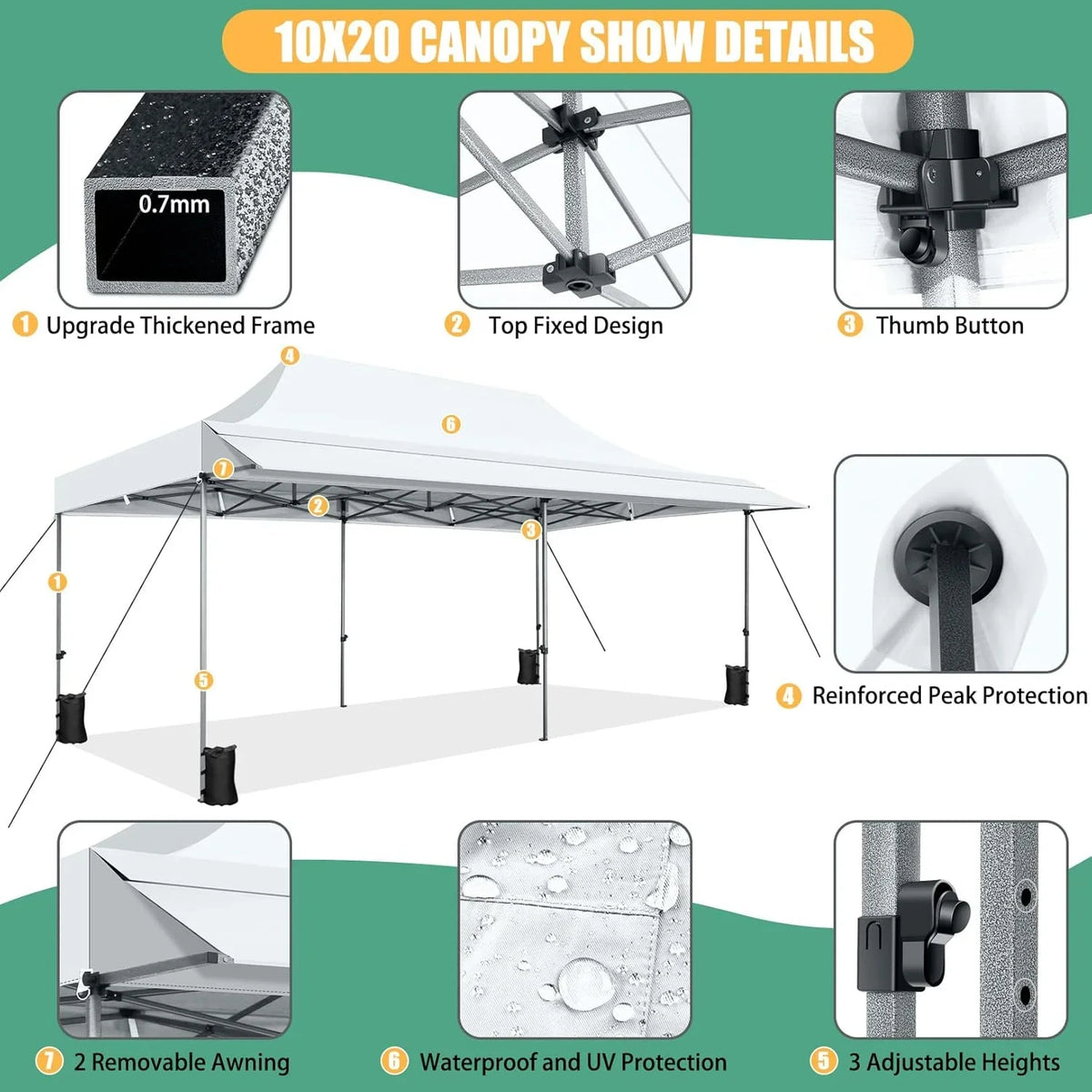 SANOPY 10x20 FT Pop Up Canopy Tent with Awning,Heavy Duty Canopy UPF 50+ All Season Wind Waterproof Commercial Outdoor Street Vendors Party Tents for Parties Canopy with Roller Bag