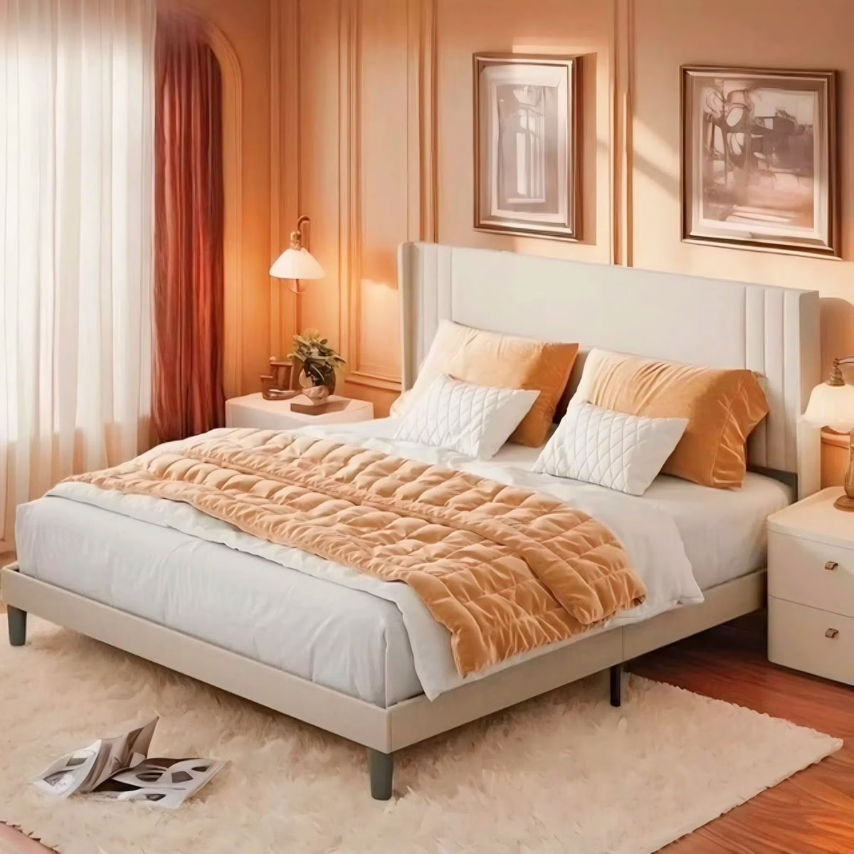 Full Size Bed Frame with Headboard, Under-Bed Storage, 850lbs, Beige