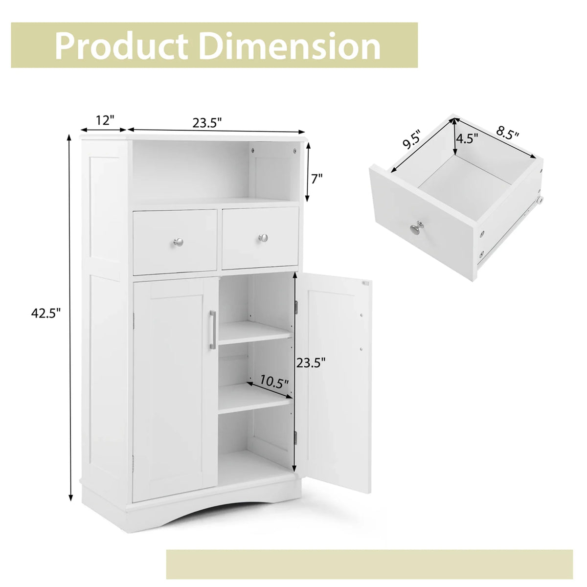 Costway Bathroom Floor Cabinet Freestanding Storage Cabinet with 2 Doors White