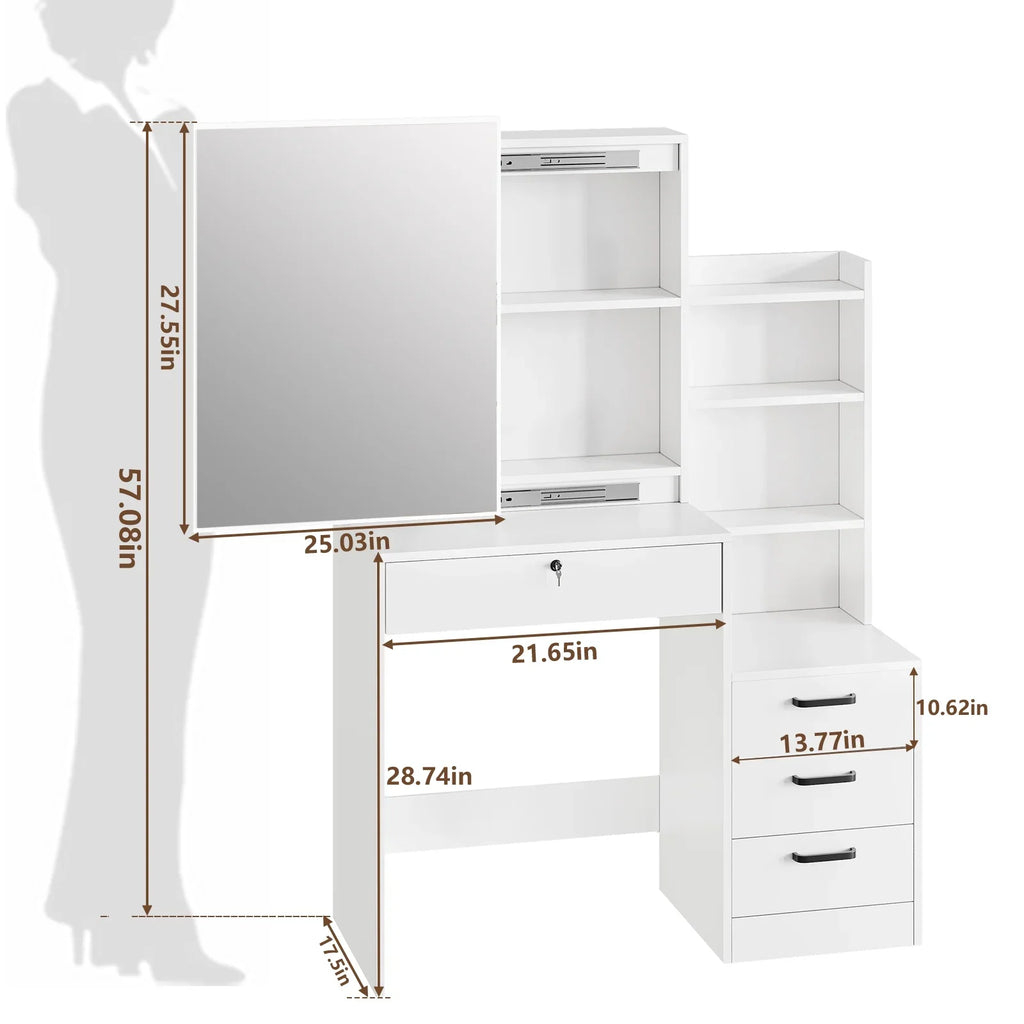 Fenbeli Vanity Set with Mirror and Lights, Makeup Vanity with 3 Drawers, Vanity Desk for Girls, Women, White