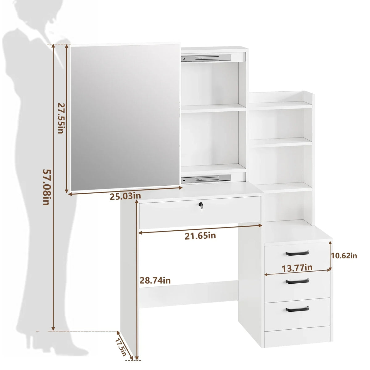Fenbeli Vanity Set with Mirror and Lights, Makeup Vanity with 3 Drawers, Vanity Desk for Girls, Women, White