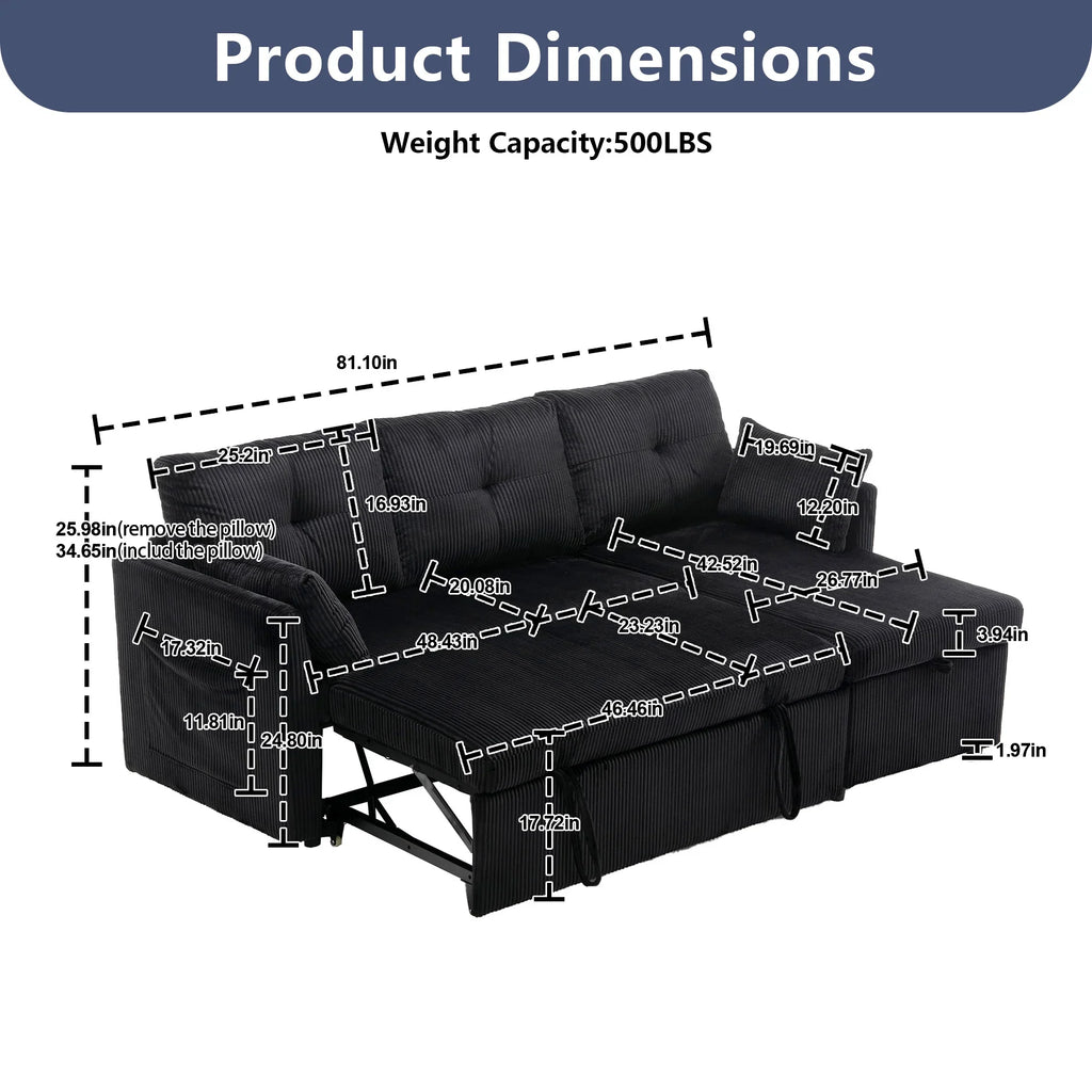 Villeston L-Shaped 3-Seat Sofa with Pull-Out Bed, with Storage Chaise Couch for Living Room, Chenille Fabric,Olive