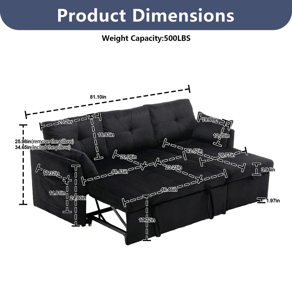 Villeston L-Shaped 3-Seat Sofa with Pull-Out Bed, with Storage Chaise Couch for Living Room, Chenille Fabric,Olive