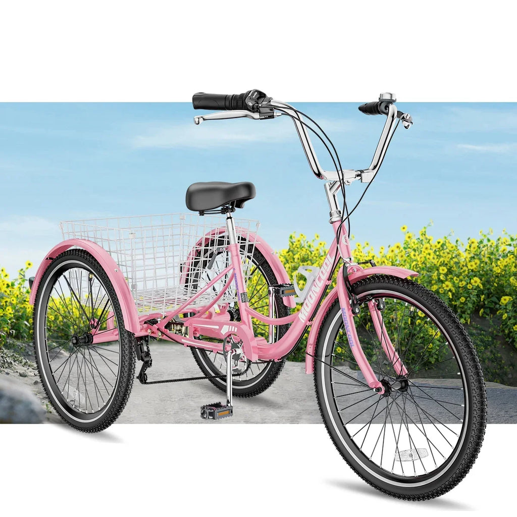 MOONCOOL Adult Tricycles with Rear Basket & Inflator, 24 26 inch 7 Speed 3 Wheel Bikes, Three-Wheeled Bicycles Adult Trike with Backrest for Seniors, Women, Men