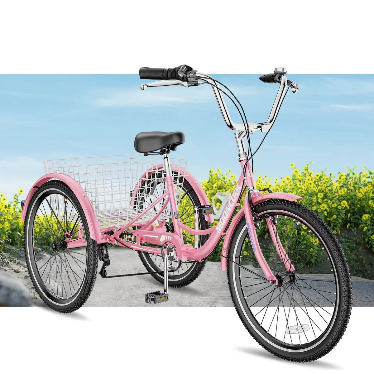 MOONCOOL Adult Tricycles with Rear Basket & Inflator, 24 26 inch 7 Speed 3 Wheel Bikes, Three-Wheeled Bicycles Adult Trike with Backrest for Seniors, Women, Men
