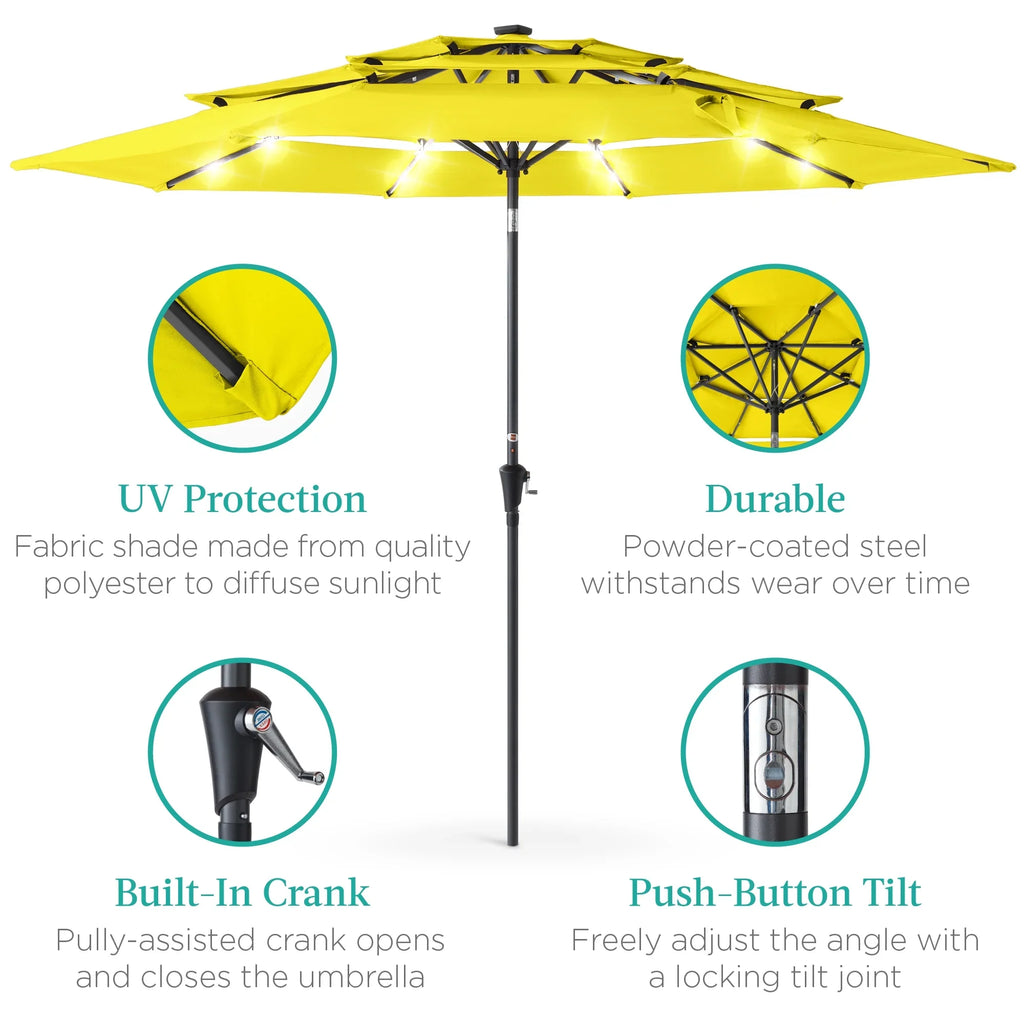 Best Choice Products 10ft 3-Tier Solar Patio Umbrella w/ 24 LED Lights, Tilt Adjustment, Easy Crank - Tan