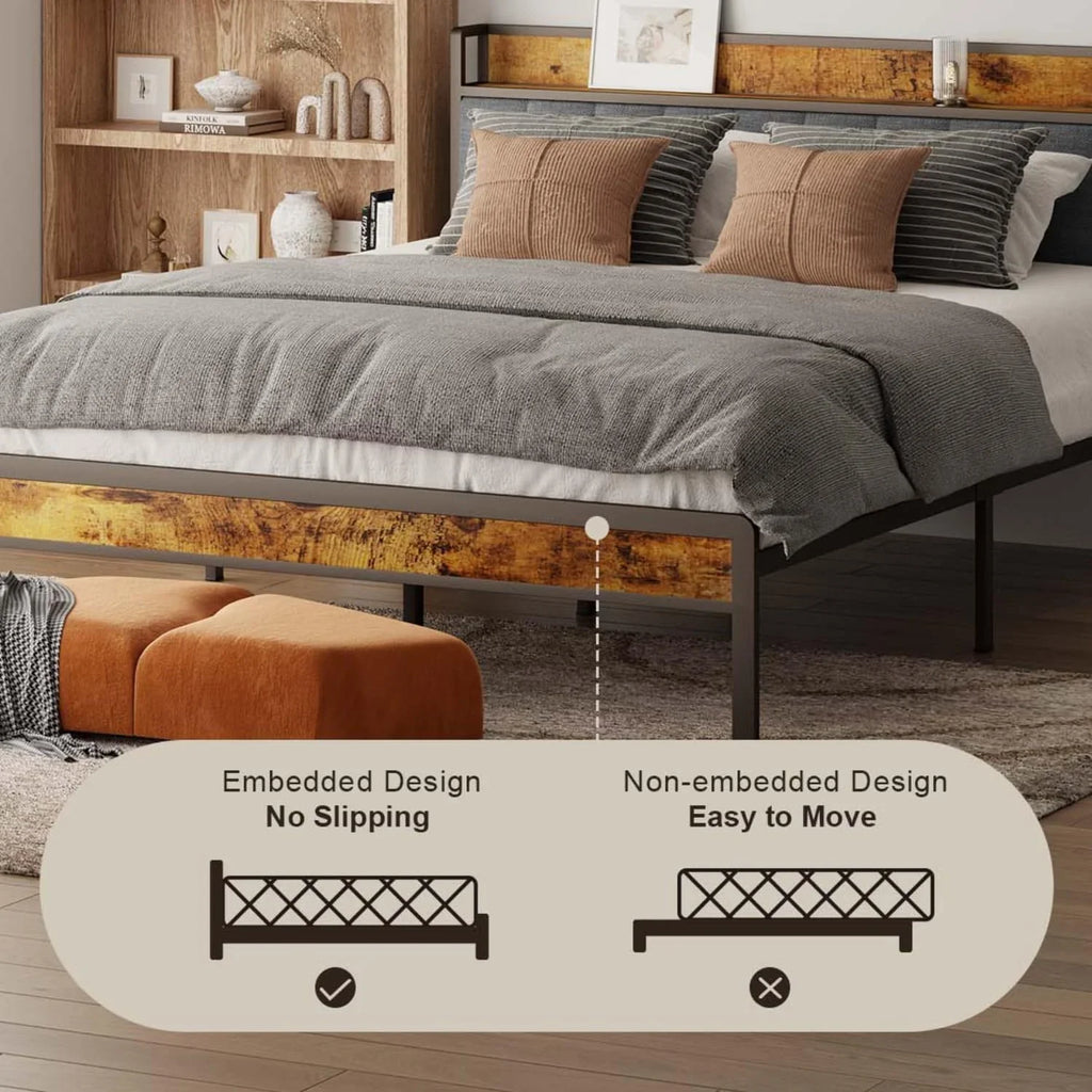 Lofka Queen Bed Frame with Headboard, Upholstered Platform Bed with Headboard, No Box Spring Needed/Easy Assembly, Beige