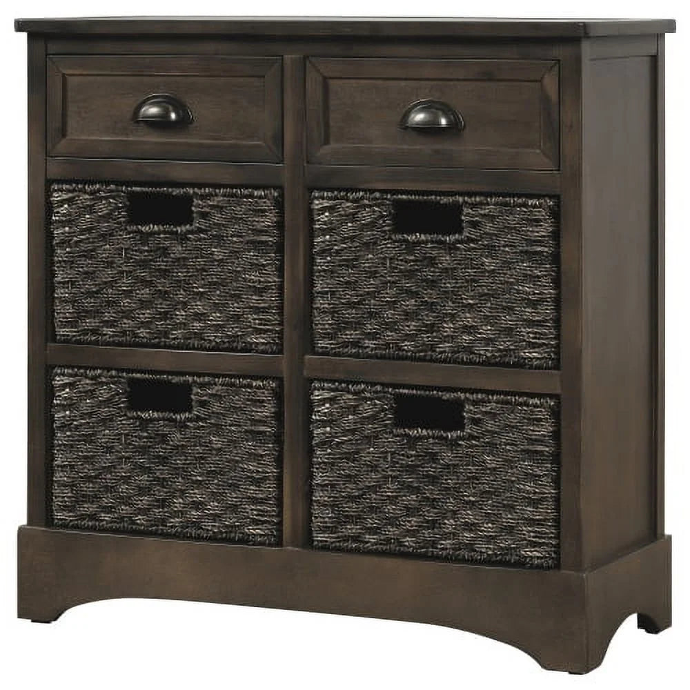 Rustic Storage Cabinet, Wood Accent Cabinet with 2 Drawers and 4 Rattan Baskets,Entryway Console Table Sofa Table for Living Room,Dining Room,White Washed