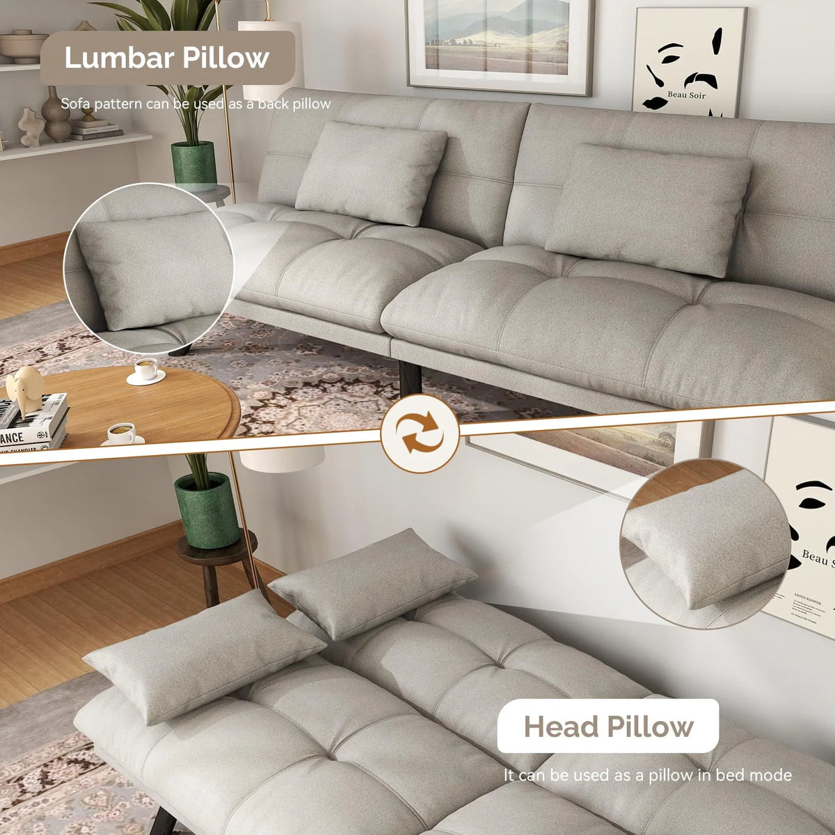 70"" Convertible Futon Sofa Bed Folding Bed Sleeper Couch for Living Room, Small Space or Office, Light Grey