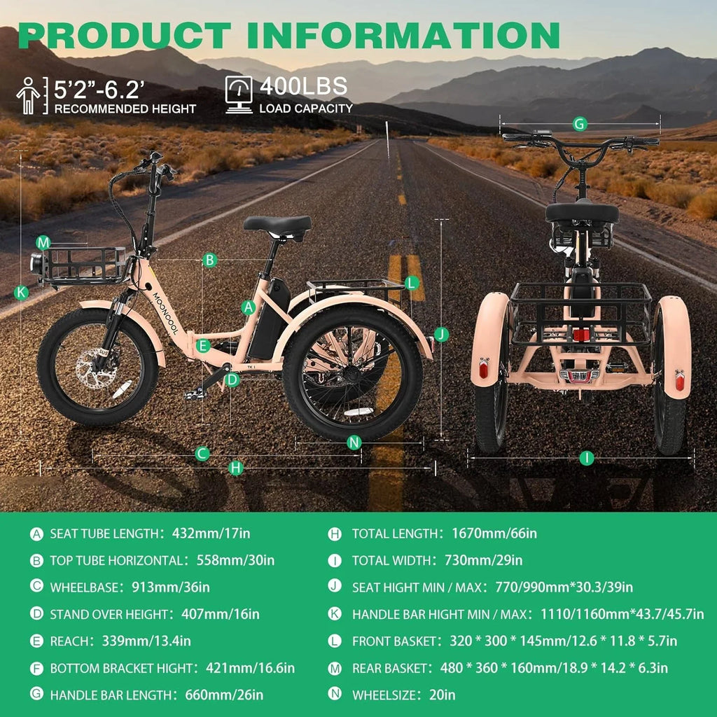 ABORON 3.0 Fat Tire Electric Trike for Senior Foldable E-Bike, 500W Motorized Tricycle Adult 20" Folding 3 Wheel Electric Commute Bike Trike w/48V Battery and Storage Baskets,
