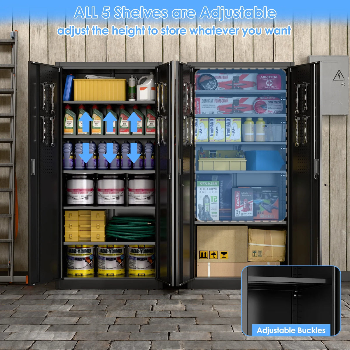GAEANET 2 Door Metal Storage Cabinet with 5 Adjustable Shelves &Pegboard, 71" H"32" W"16" D Locking Steel Garage Cabinet, for Garage,Office,Home,Gym,School, File Cabinet,Assembly Required, Black