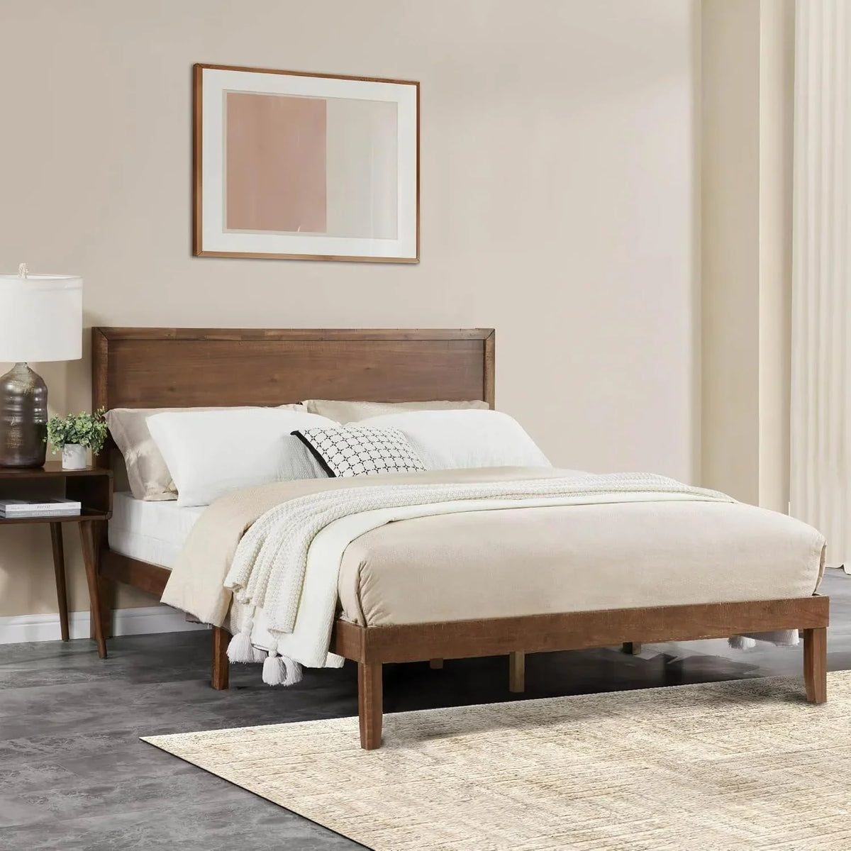 BISHE Wood King Size Bed Frame,Wooden King Platform Bed Frame with Headboard,Sturdy Rubber Modern Home Style Bed Frame for Bedroom, King