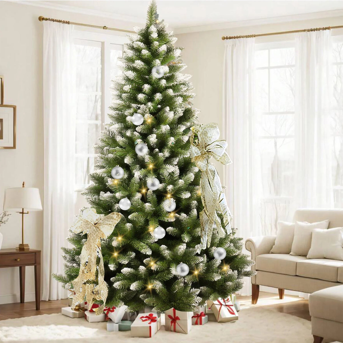 Yexmas 9ft Pre-Lit Green Christmas Tree, 11 Modes Colored LED Lights, Artificial Xmas Tree with Large Storage Bag