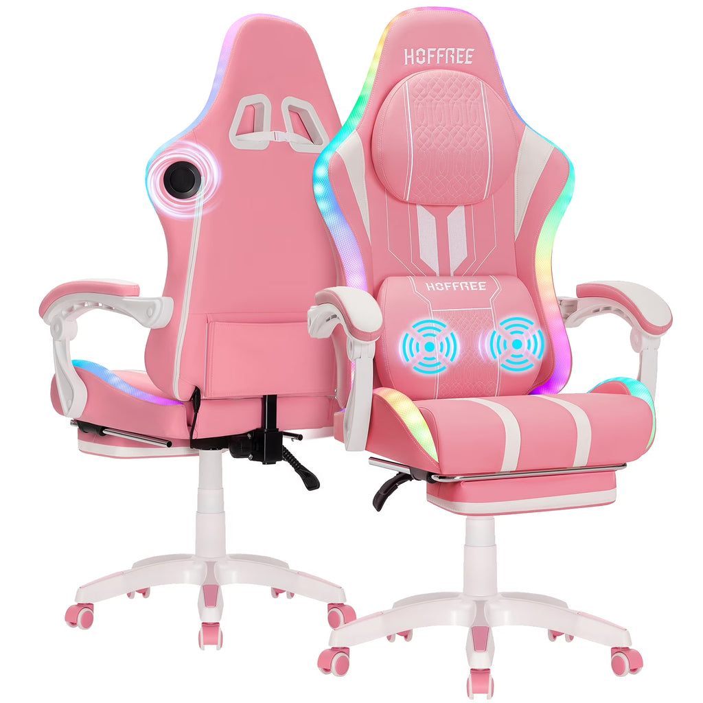 HOFFREE Big and Tall Gaming Chair with Speakers and RGB Lights, Gamer Chair with Footrest, Lumbar Support Height Adjustable 360-Swivel Seat and Headrest for Adults, 400lbs