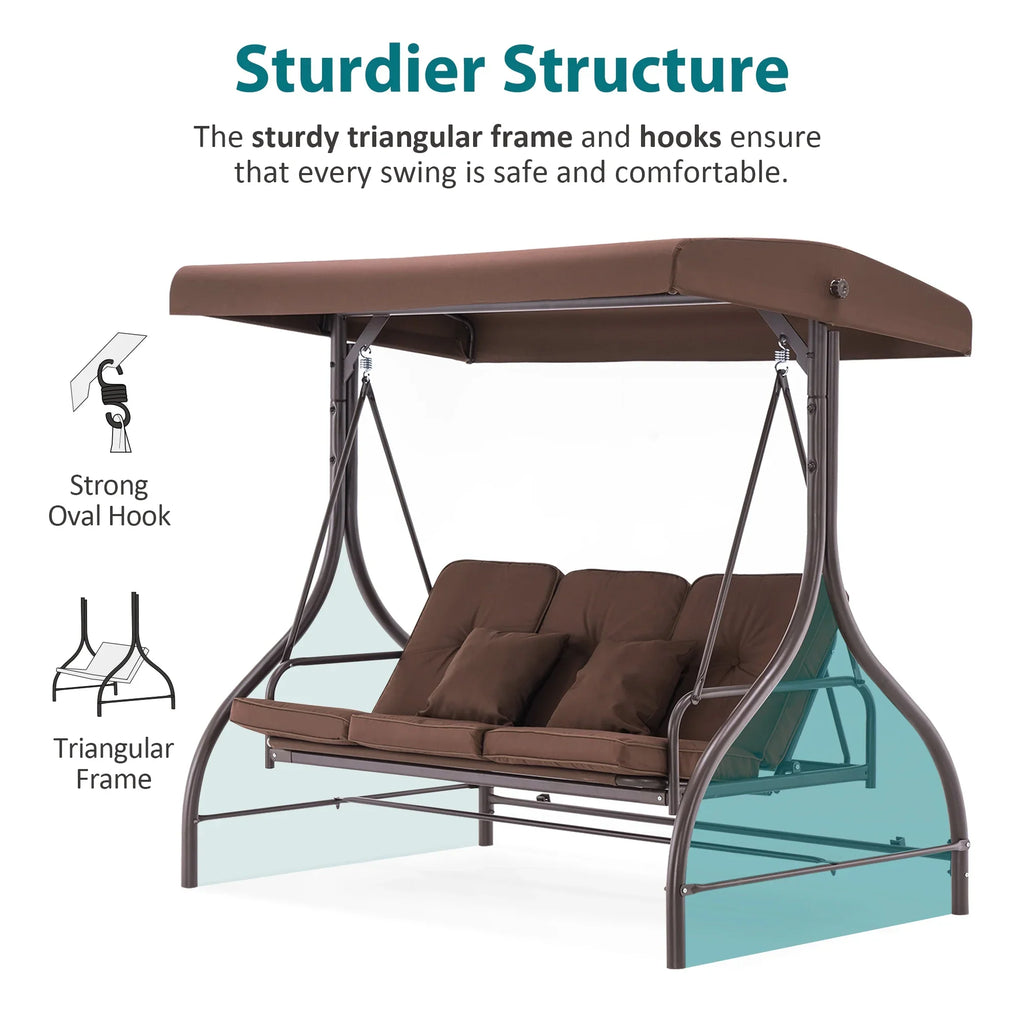 MCombo 3-Seat Outdoor Patio Swing Chair Cushioned with Adjustable Backrest and Canopy, Pillow, Brown