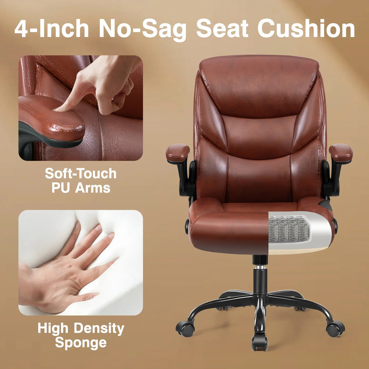 Primy Compact PU Leather Office Chair - Ergonomic Adjustable Height Computer Desk Chair with Flip-Up Armrests, Mid-Back Executive Swivel Chair on Wheels for Small Spaces & Petite Users, Black