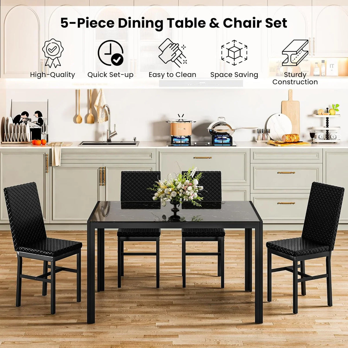 Baxluxe Dining Table Set for 4, Modern 5 Piece Dining Table Set, Faux Marble Kitchen Table and 4 Velvet Upholstered Chairs for Apartments, Dining Rooms, Small Spaces, Gray