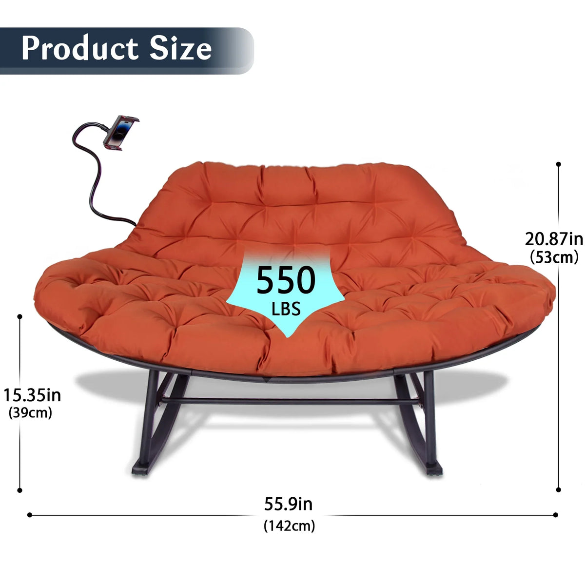 Outdoor Loveseat Rocking Chair with Thicken Cushion and Phone Holder for 2 Person for Garden Patio Yard (Beige)