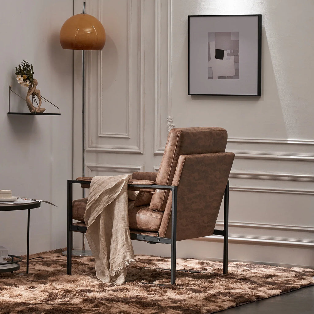 Ktaxon Accent Chair Lounge Armchair Modern Linen Fabric Upholstered Single Sofa with Black Coated Metal Frame Creamy White and Brown