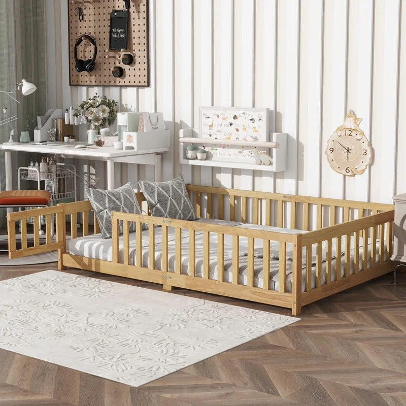 Bellemave Twin Size Floor Beds, Wood Montessori Bed with Fence Railings & Support Slats, No Box Spring Needed (Gray"