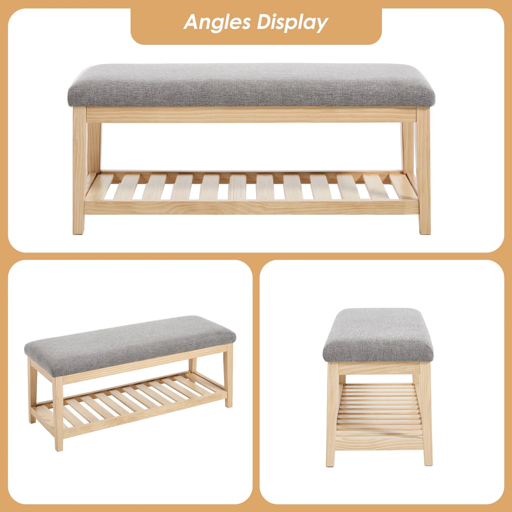 Zesthouse 42.9�?Shoe Bench with Storage, Entryway Bench for Living Room, Bedroom and Hallway, Linen Fabric Upholstered Bench with Solid Wood Shelf, Gray