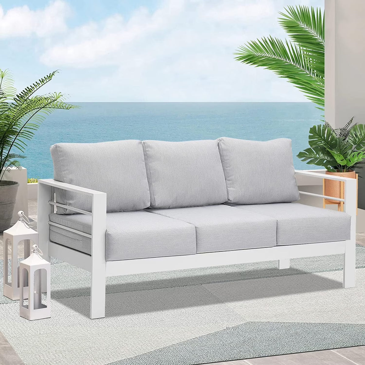 Superjoe Outdoor 3 Seats Patio Aluminum Sofa Furniture, Couch Gray Metal Chair with Cushions, Dark Grey
