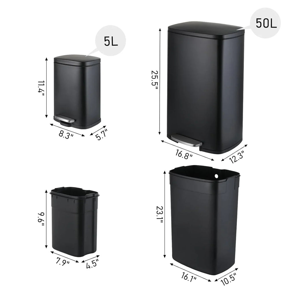 Arlopu Step Trash Can Combo Set, 13.2 Gallon & 1.3 Gallon, Stainless Steel Garbage Bin with Foot Pedal for Kitchen, Home, Office, Soft-Close Lid