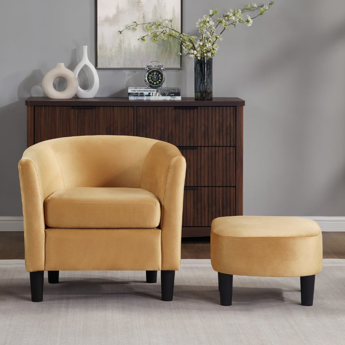 FunniHomi Velvet Accent Chair with Ottoman, Modern Barrel Chair Armchair with Footrest for Living Room, Bedroom and Reading Room, White