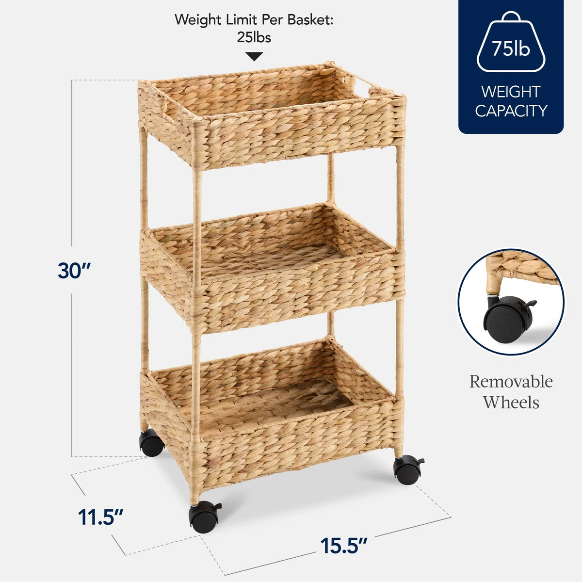 Best Choice Products 3-Tier Water Hyacinth Rolling Nursery Caddy w/ Wheels, Utility Cart, Storage Organization - Natural