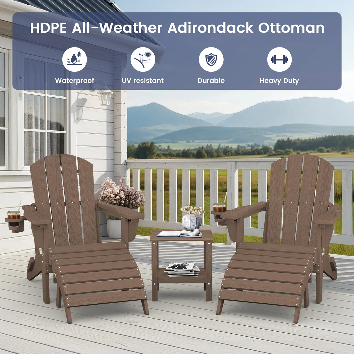 SERWALL Outdoor Adjustable Folding HDPE Adirondack Chairs Set of 2 with Cup Holder, Gray