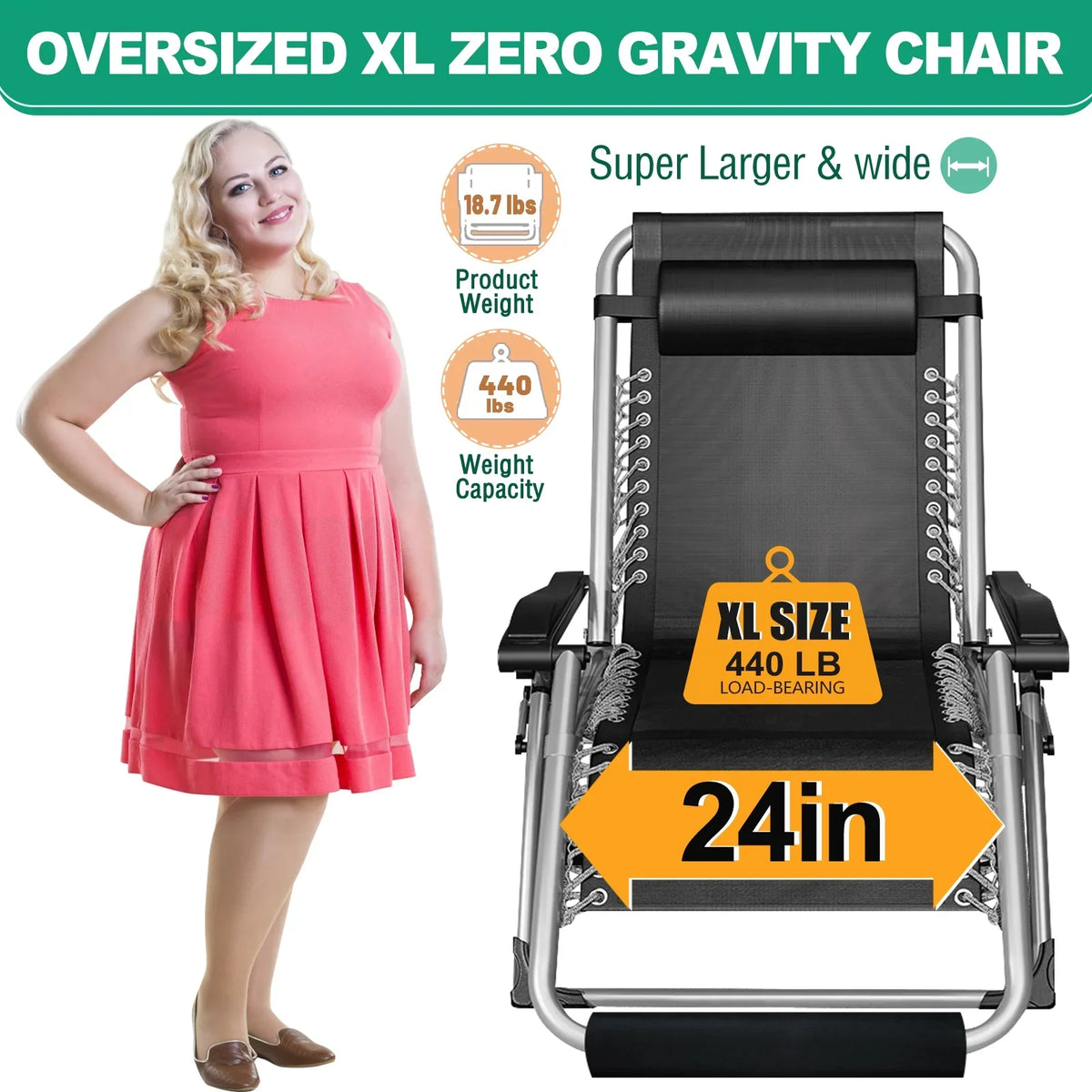 NAIZEA Zero Gravity Chair with Removable Cushion and Cup Holder Black