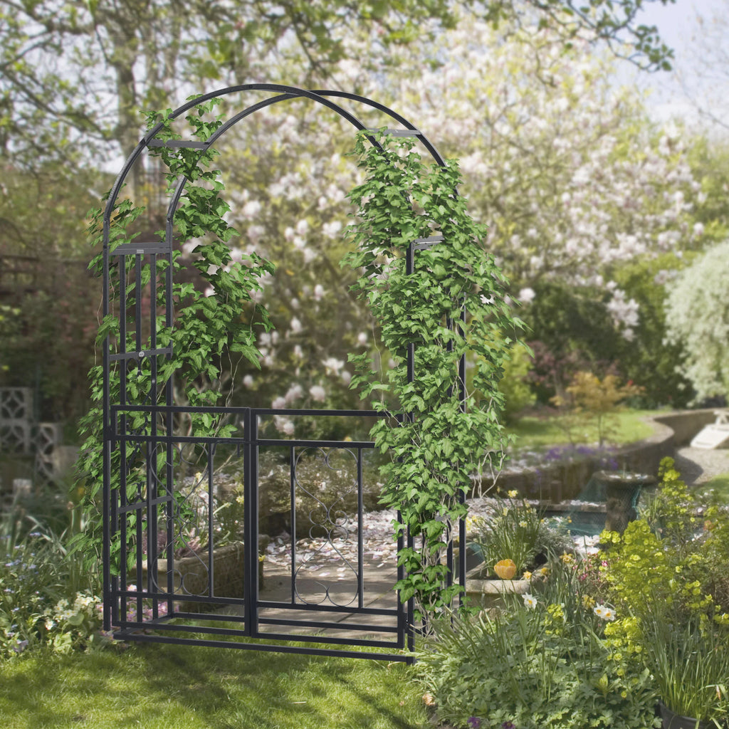 CoSoTower 81" Metal Garden Arbor with Double Doors, Locking Gate, Climbing Vine Frame with Heart Motifs, Arch for Wedding, Bridal Party Decoration, Grey