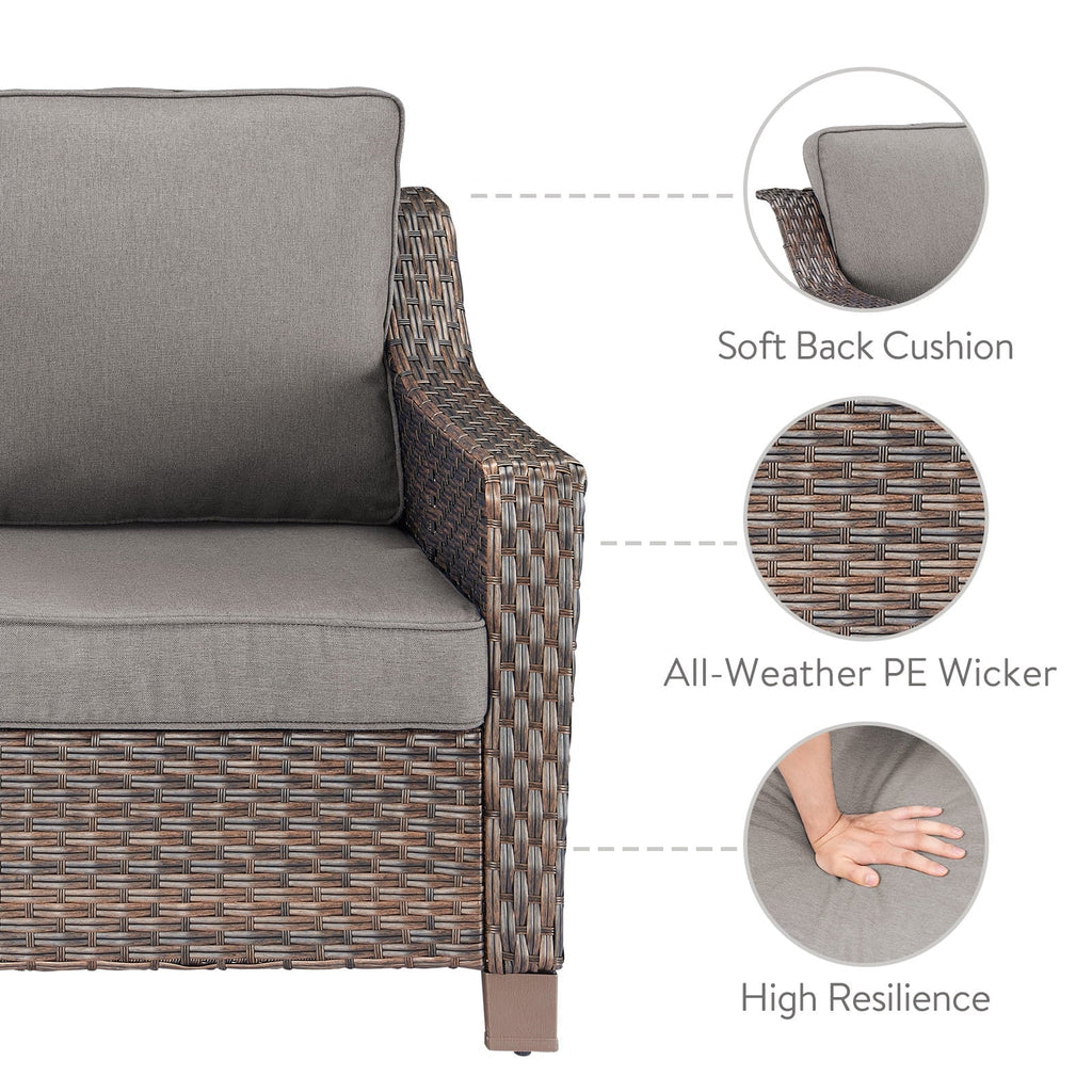 POCASSY Wicker Outdoor Couch, Brown Wicker Sofa Outdoor Furniture with All Weather Rattan and Olefin Cushion for Balcony, Backyard, Porch, Brown/Gray