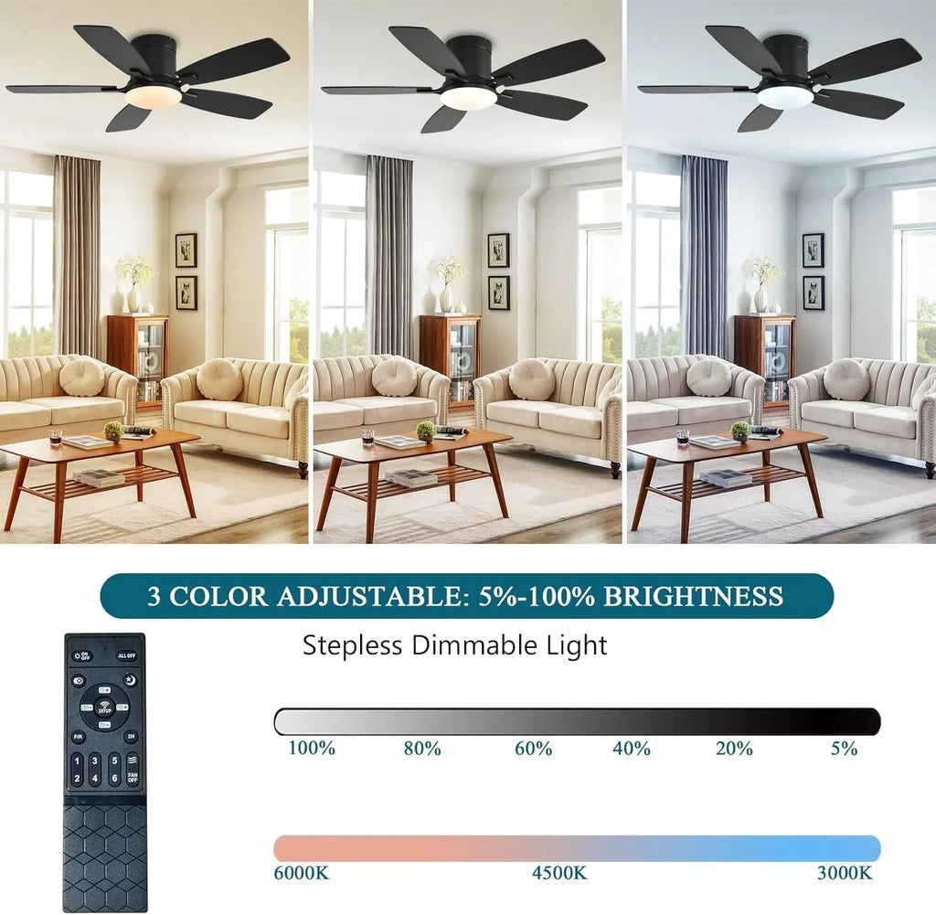 42 Inch Low Profile Ceiling Fans with Lights and Remote, Flush Mount Modern Ceiling Fan, 3 CC T DC Ceiling Fan for Bedroom, Living Room, Brushed Nickel