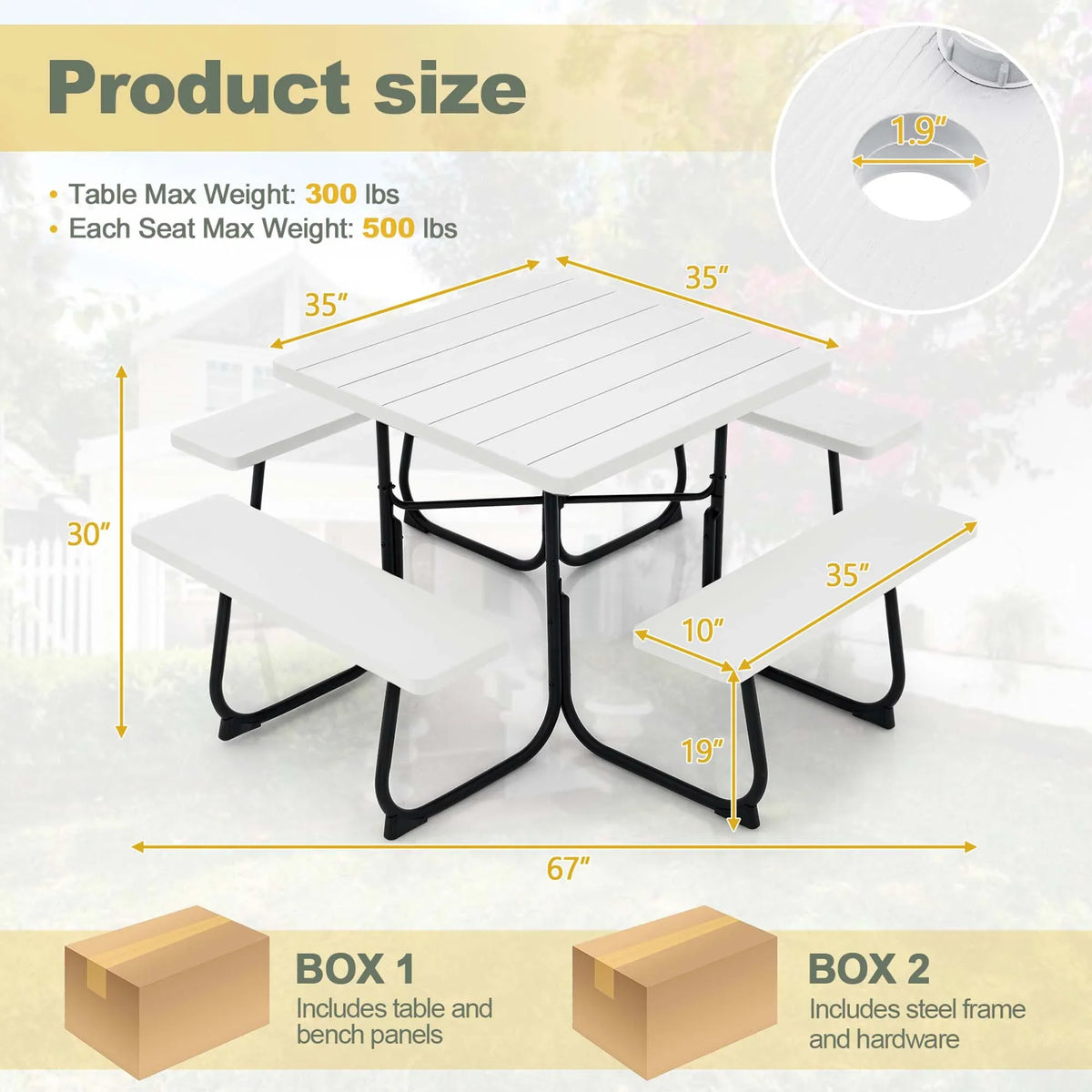 Costway Outdoor 8-person Square Picnic Table Bench Set with 4 Benches & Umbrella Hole White