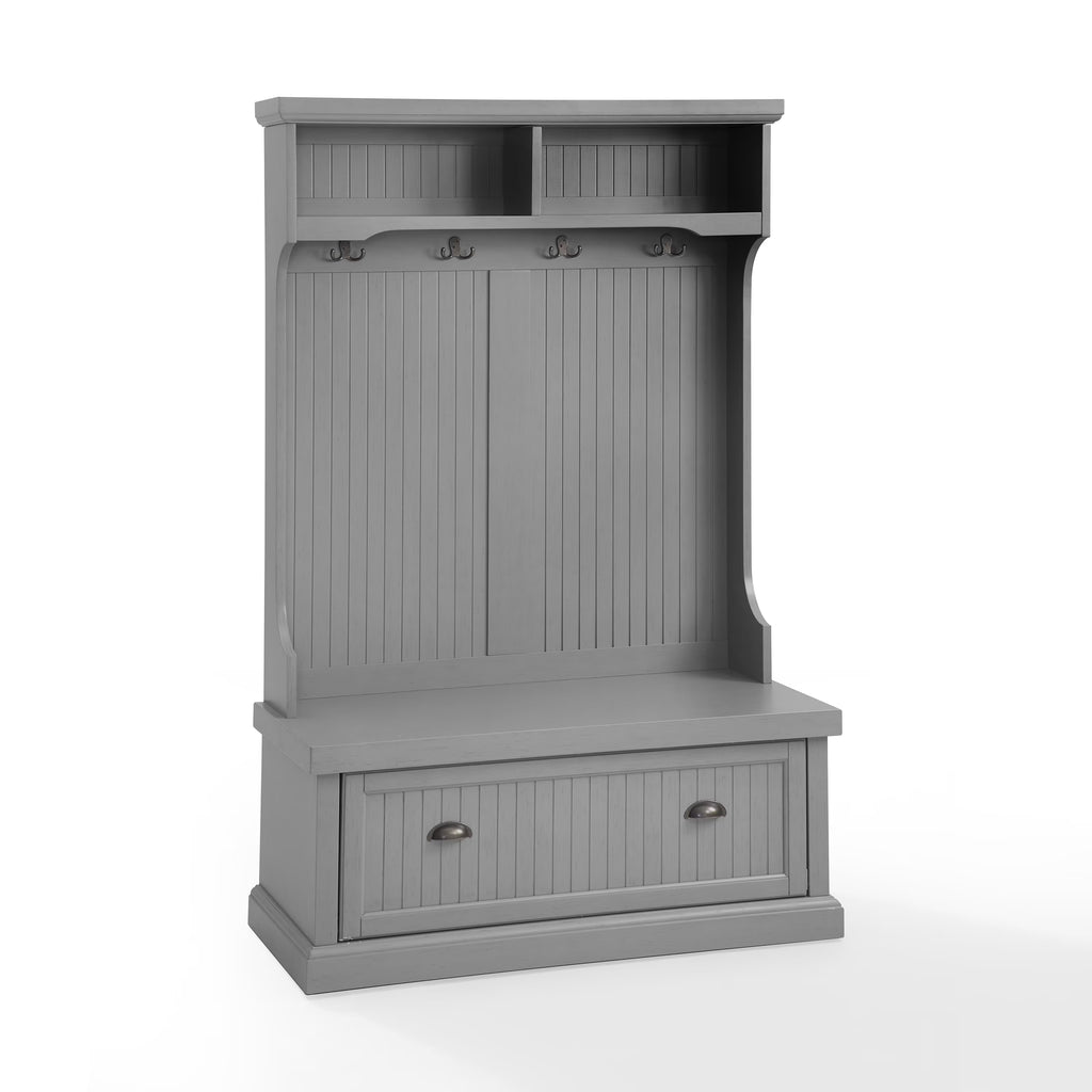 Crosley Furniture Seaside Coastal Wood Hall Tree in Distressed Gray and Chrome