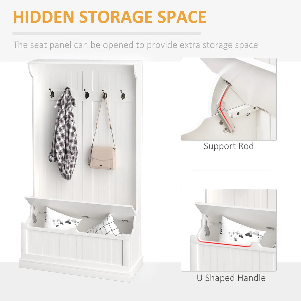 HOMCOM 3-In-1 Hall Tree Storage Bench and Coat Rack with 5 Steel Double Hooks, and Anti-Topple Anchor for Entryway, Cream White