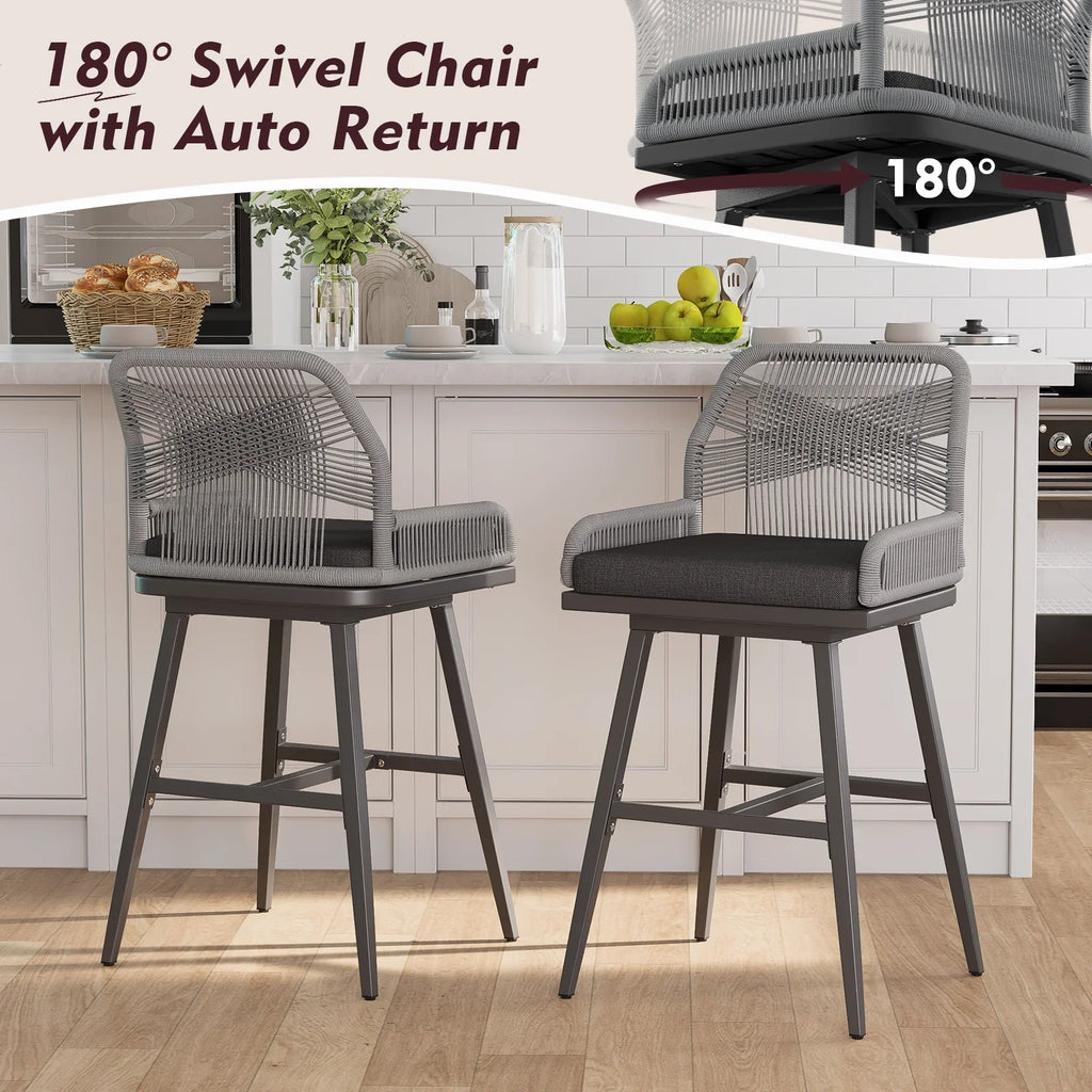 MEISSALIVVE Set of 2 Rattan Swivel Bar Stools, 26" Counter Height with Woven Rope Back, Cushioned Patio Bar Chairs for Kitchen, Garden, Beige