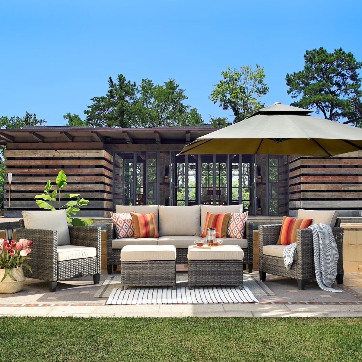 Ovios 5 Pieces Outdoor Patio Furniture Set Wicker Rattan Outdoor Conversation Comfortable Sectional Sofa with Steel Frame, Grey