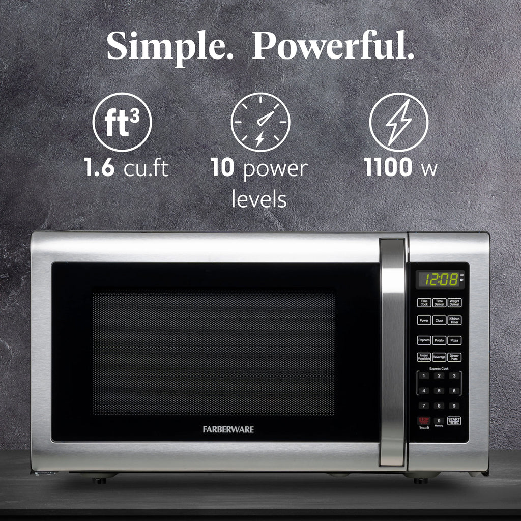 Farberware Countertop Microwave Ov 1100 Watts, 2.2 cu ft - Smart Sensor With LED Lighting and Child Lock - Perfect for Apartments and Dorms - Easy Clean Black Interior, Stainless Steel